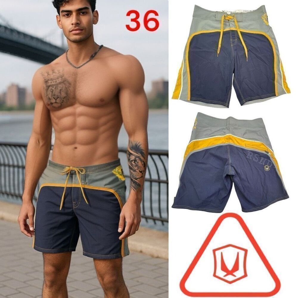 Redsand Men's Colorblock High Waisted Board Shorts Swimwear Gray Yellow Size 36